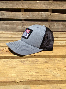 Side profile of Heather gray/black youth American Flag Freedom Flannel patch hat. 
