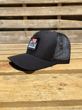 Load image into Gallery viewer, Side profile of Black/Black American Flag Freed Flannel patch hat. 
