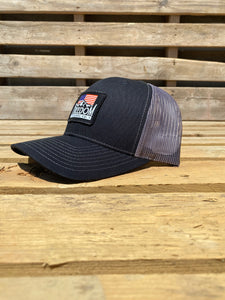 Side profile of Charcoal/Black American flag Freedom Flannel patch hat. 