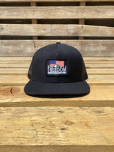 Load image into Gallery viewer, American Flag Freedom Flannel patch hat on a Richardson 511 flat bill hat in black/black. 
