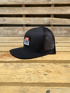 Side profile of American Flag Freedom Flannel flat bill patch hat. 